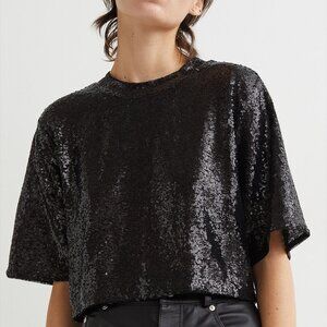 H&M Women Black Sequined Cropped Top - Size XL
